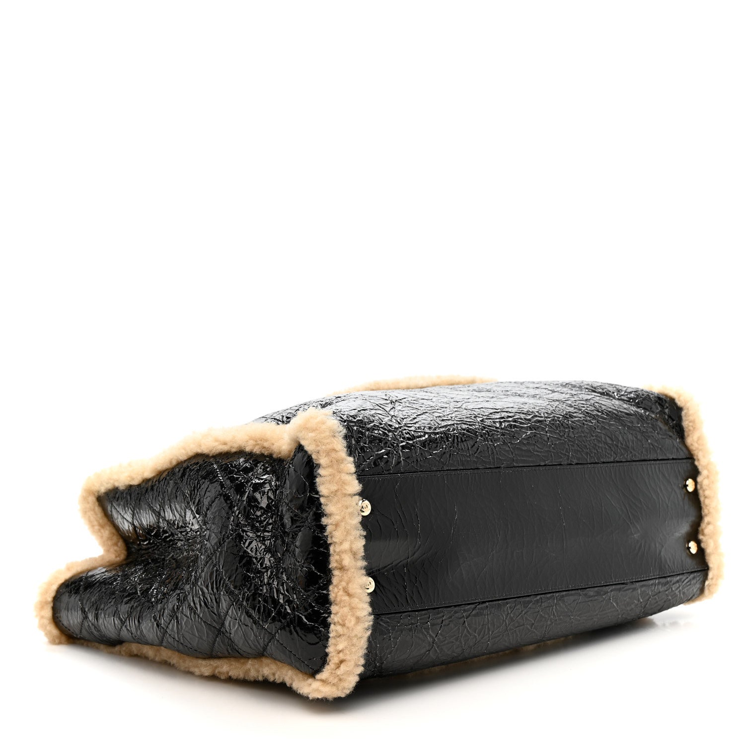 Chanel Shiny Crumpled Sheepskin Shearling CC Mania Tote Bag Black Beige