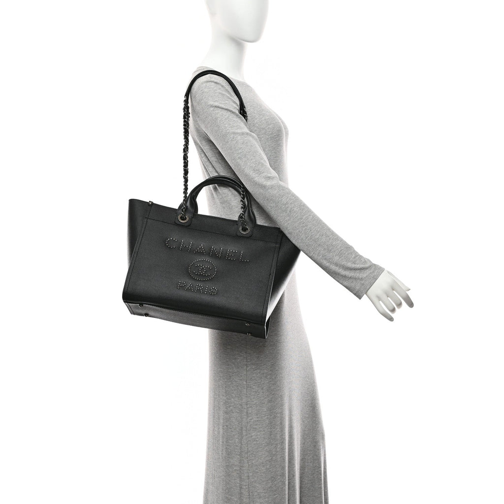 Chanel Caviar Small Studded Deauville Tote Black