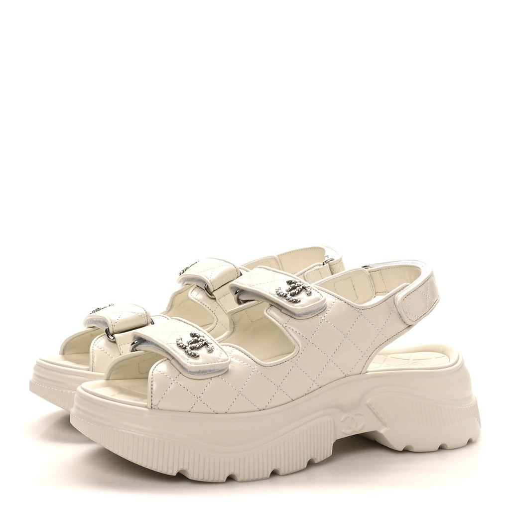 Chanel Shiny Calfskin Chain CC Velcro Dad Platform Sandals 39.5 White