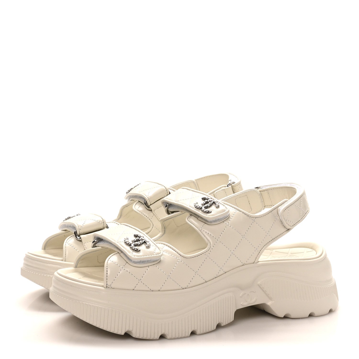 Chanel Shiny Calfskin Chain CC Velcro Dad Platform Sandals 39.5 White