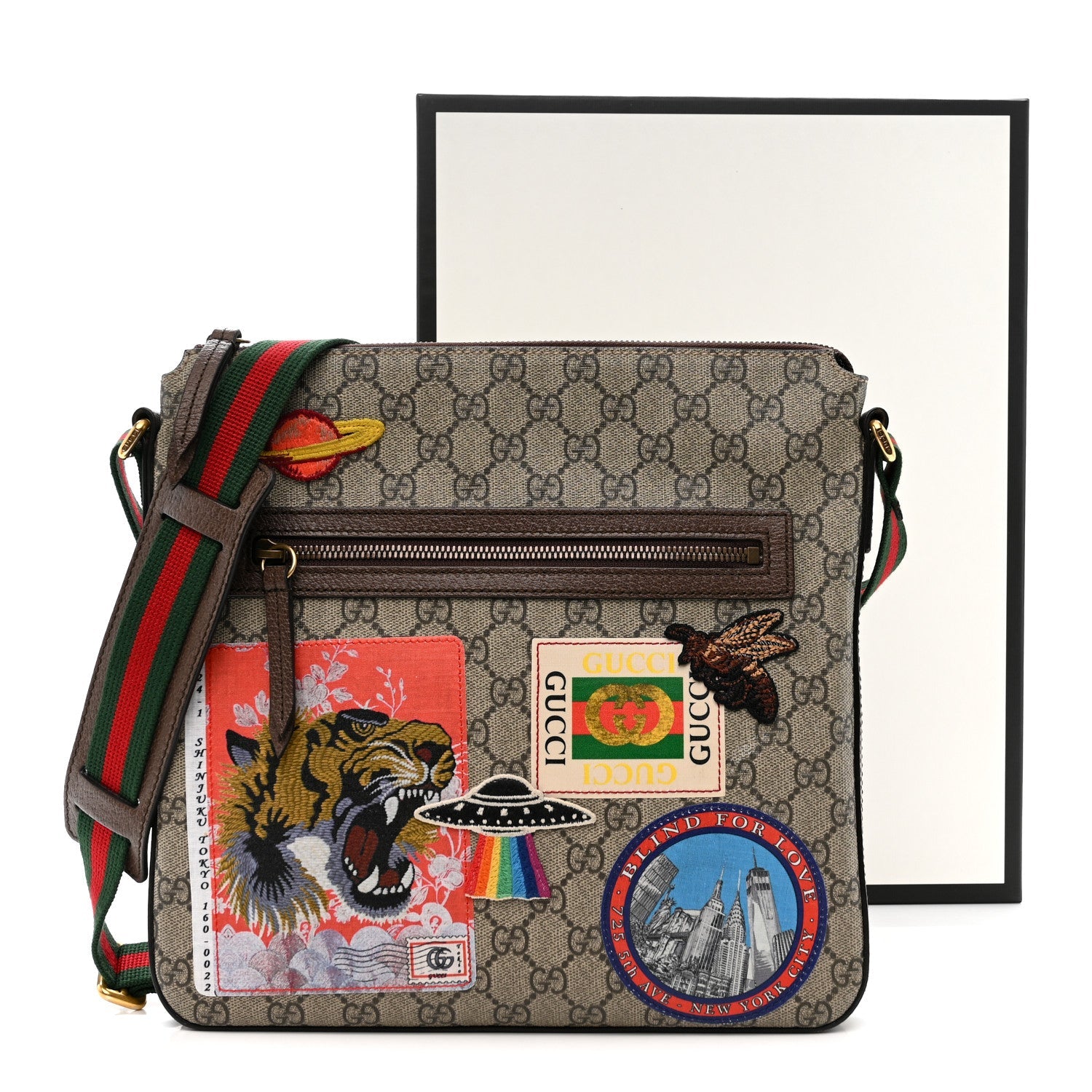 Gucci Soft GG Supreme Monogram Courrier Web Medium Flat Messenger Bag Beige New Acero Multicolor
