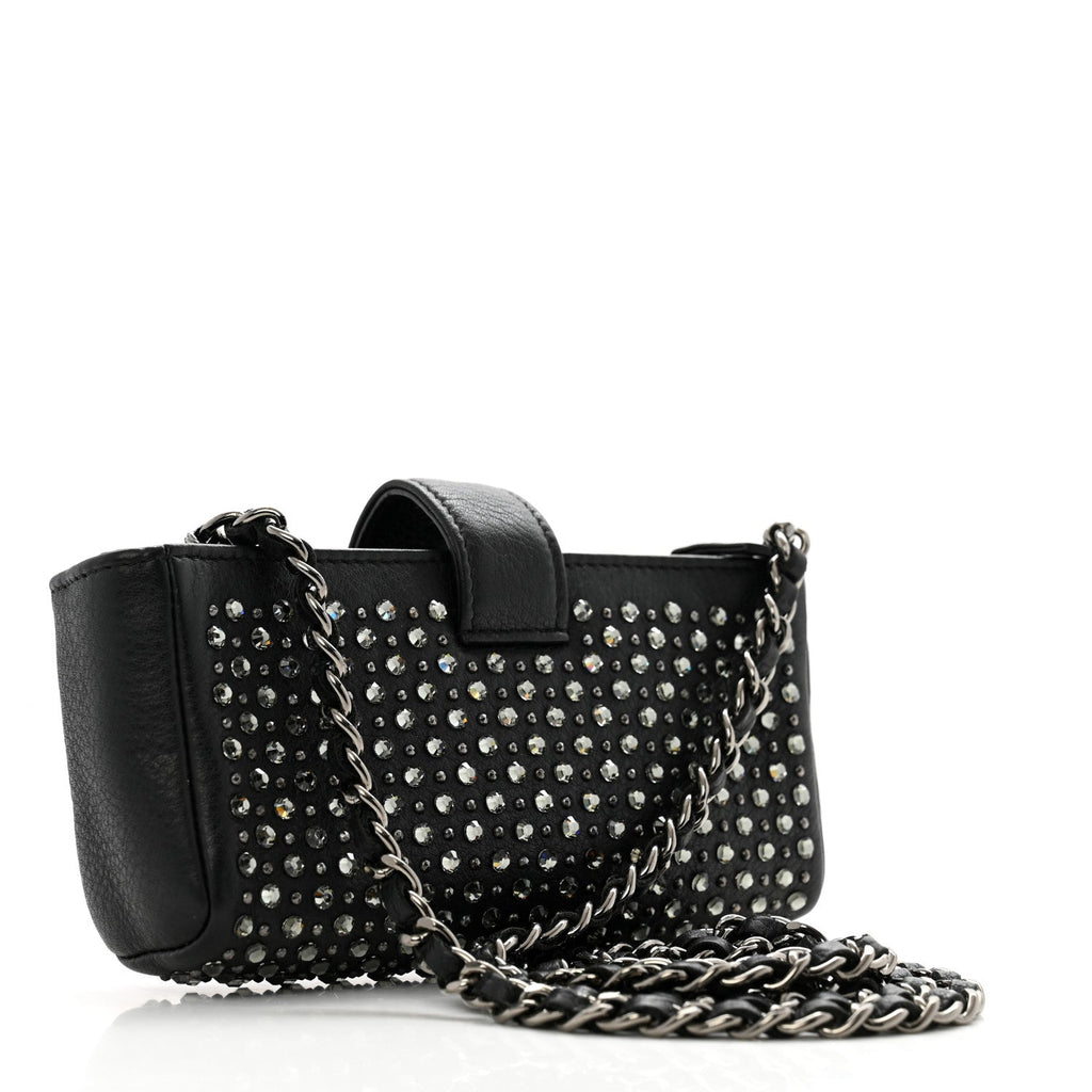 Chanel Calfskin Strass Studded Mini Phone Holder Clutch Black