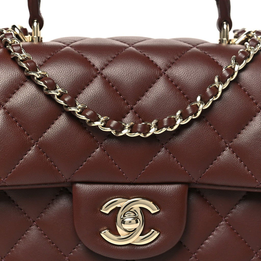 Chanel Lambskin Quilted Mini Top Handle Rectangular Flap Dark Brown