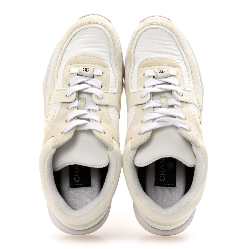Chanel Suede Calfskin Fabric CC Sneakers 38 White