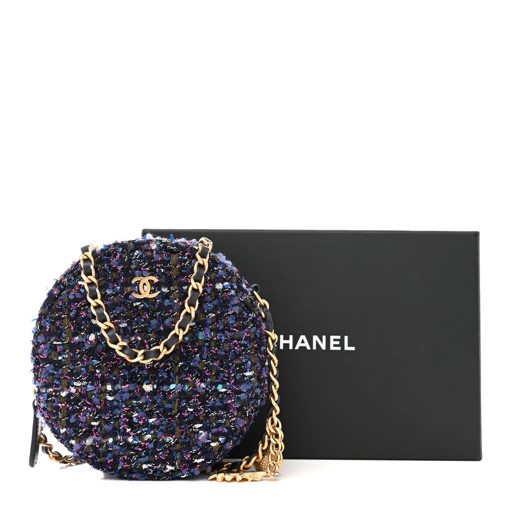 Chanel Tweed Quilted Round Clutch With Chain Multicolor