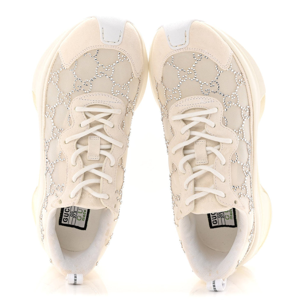 Gucci Tela Retino Mesh Crystal Suede GG Monogram Womens Gucci Run Sneakers 37.5 Off White Silver