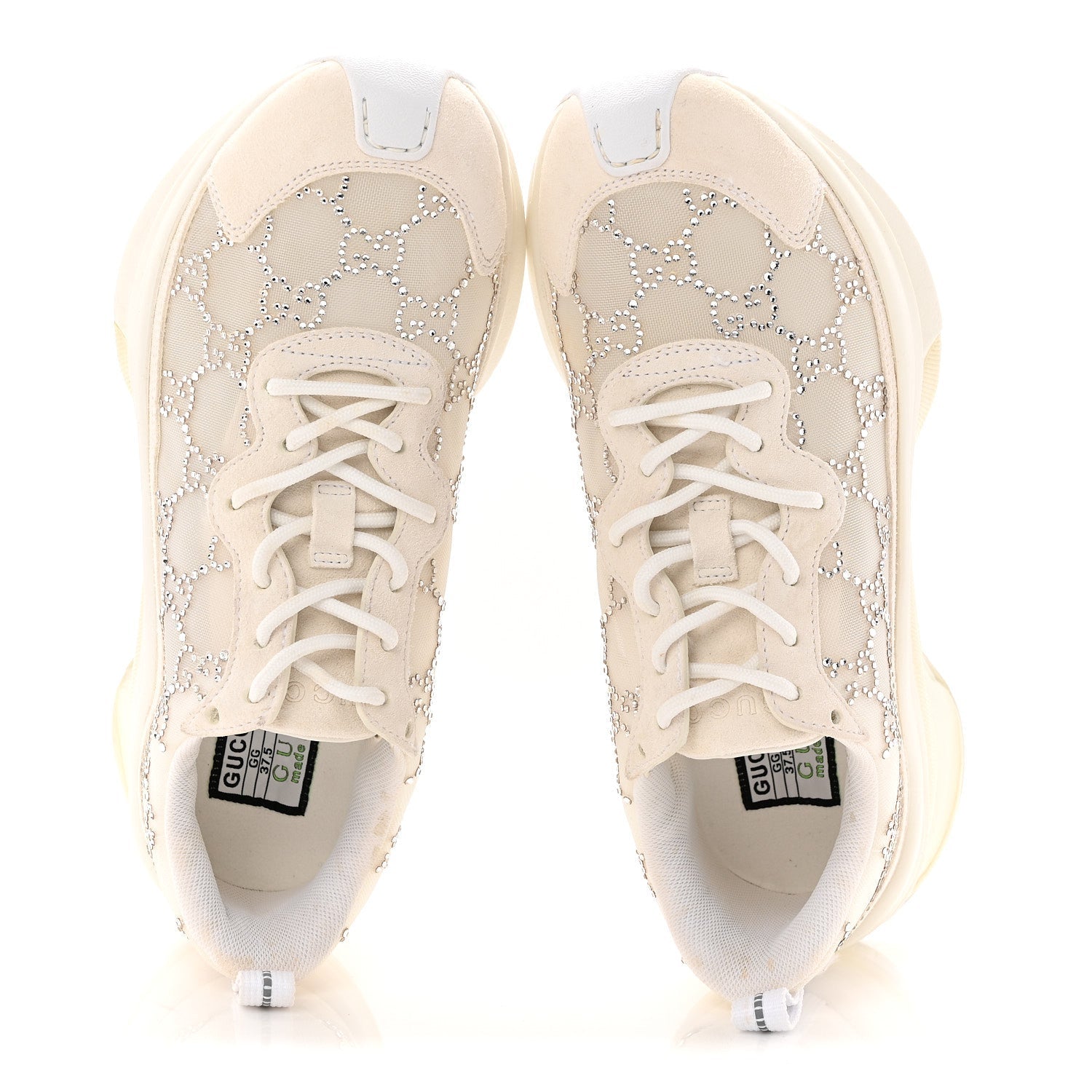 Gucci Tela Retino Mesh Crystal Suede GG Monogram Womens Gucci Run Sneakers 37.5 Off White Silver