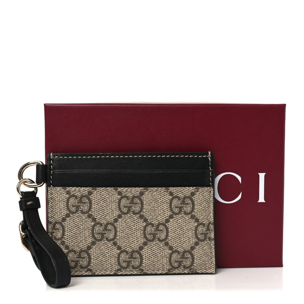 Gucci GG Supreme Monogram Calfskin Emblem Card Holder With Strap Beige Black
