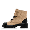 Lambskin Calfskin Quilted Lace Up Combat Boots 36.5 Beige Black