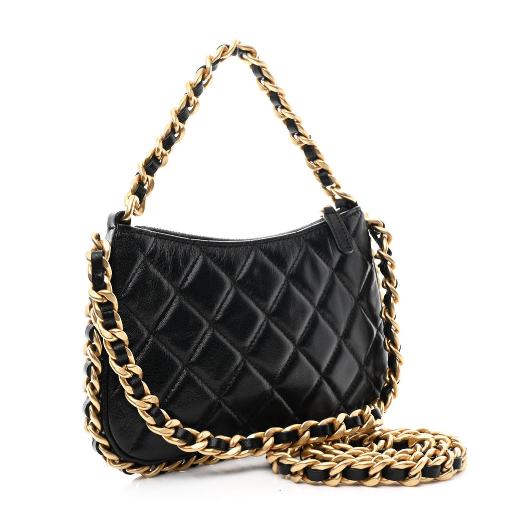 Chanel Lambskin Quilted Chain Around Top Handle Mini Bag Black