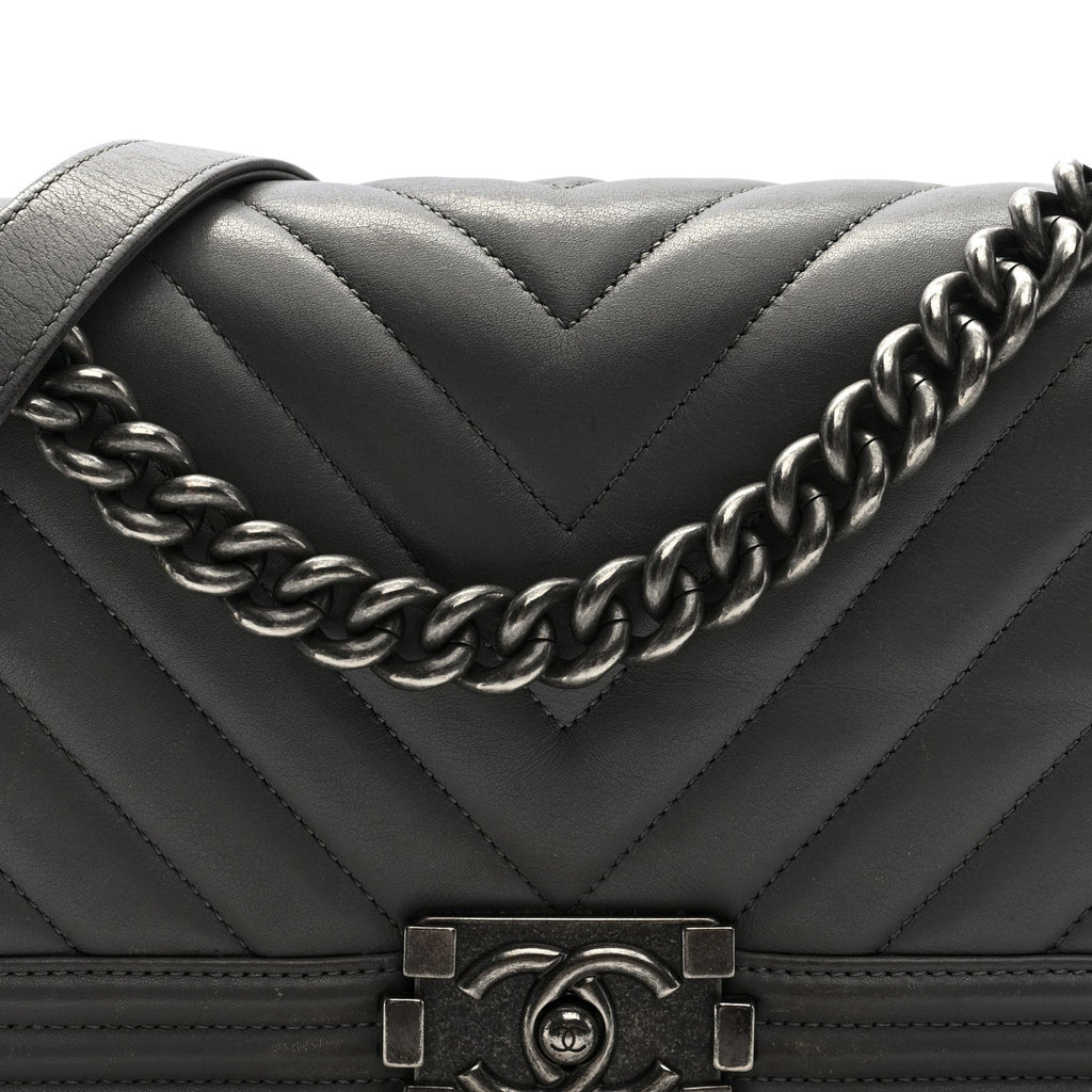 Chanel Lambskin Chevron Quilted Medium Boy Flap Grey