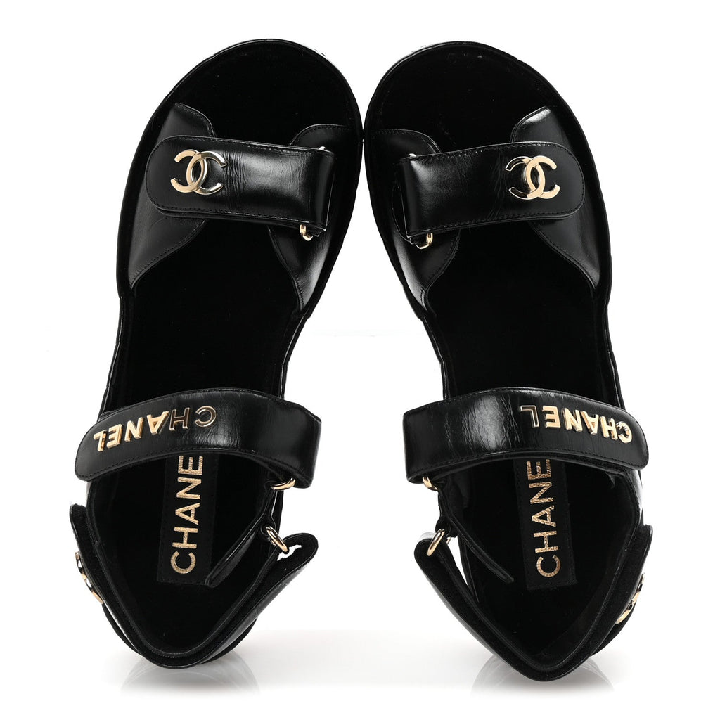 Chanel Shiny Calfskin Logo Platform Sandals 37 Black