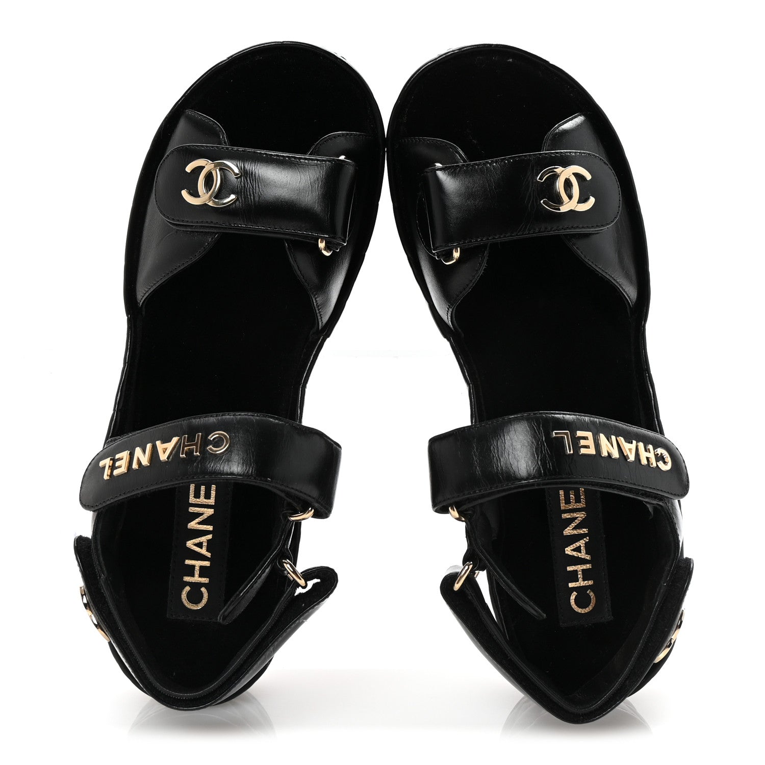 Chanel Shiny Calfskin Logo Platform Sandals 37 Black
