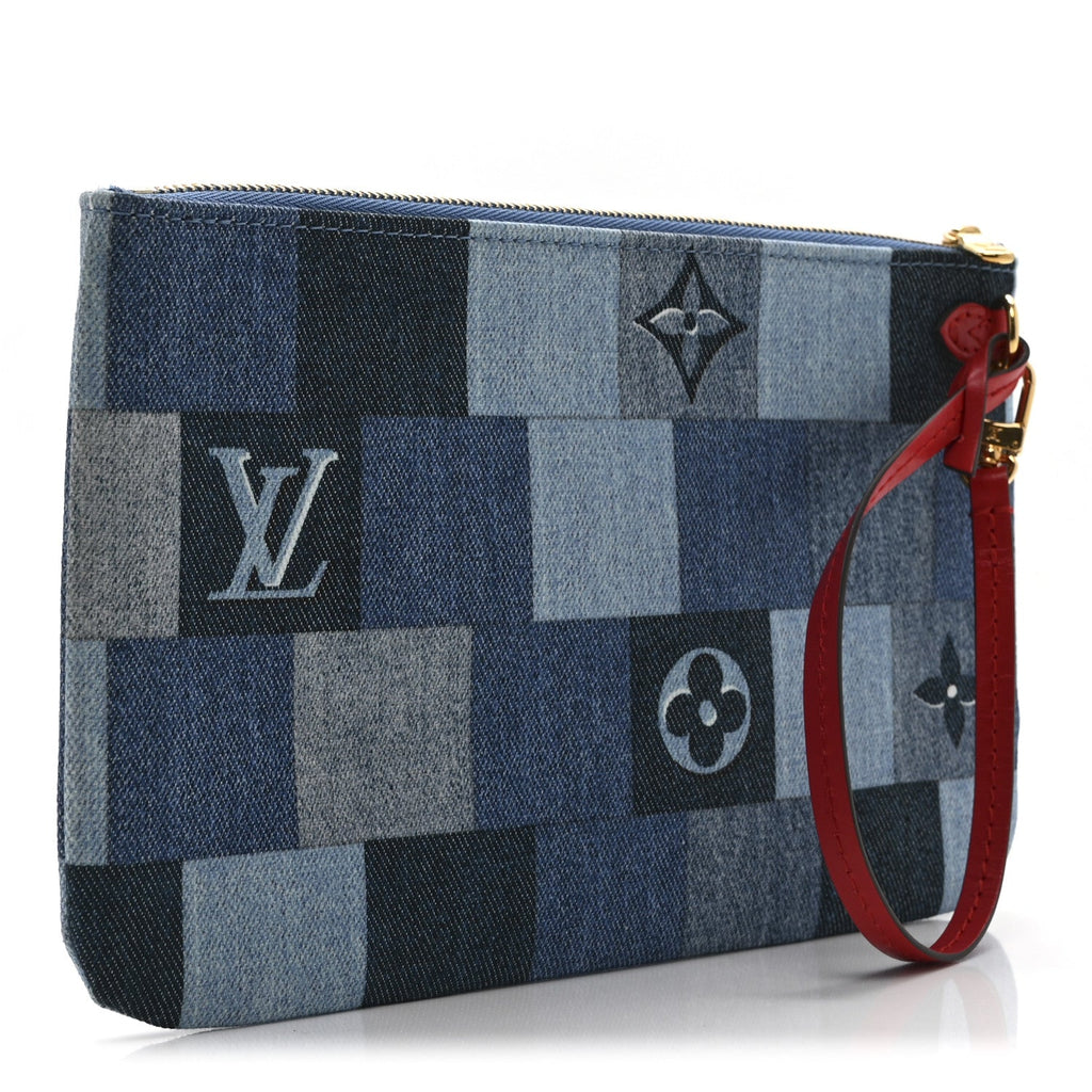 Louis Vuitton Denim Damier Monogram Patchwork Neverfull MM Pochette  Blue Rouge