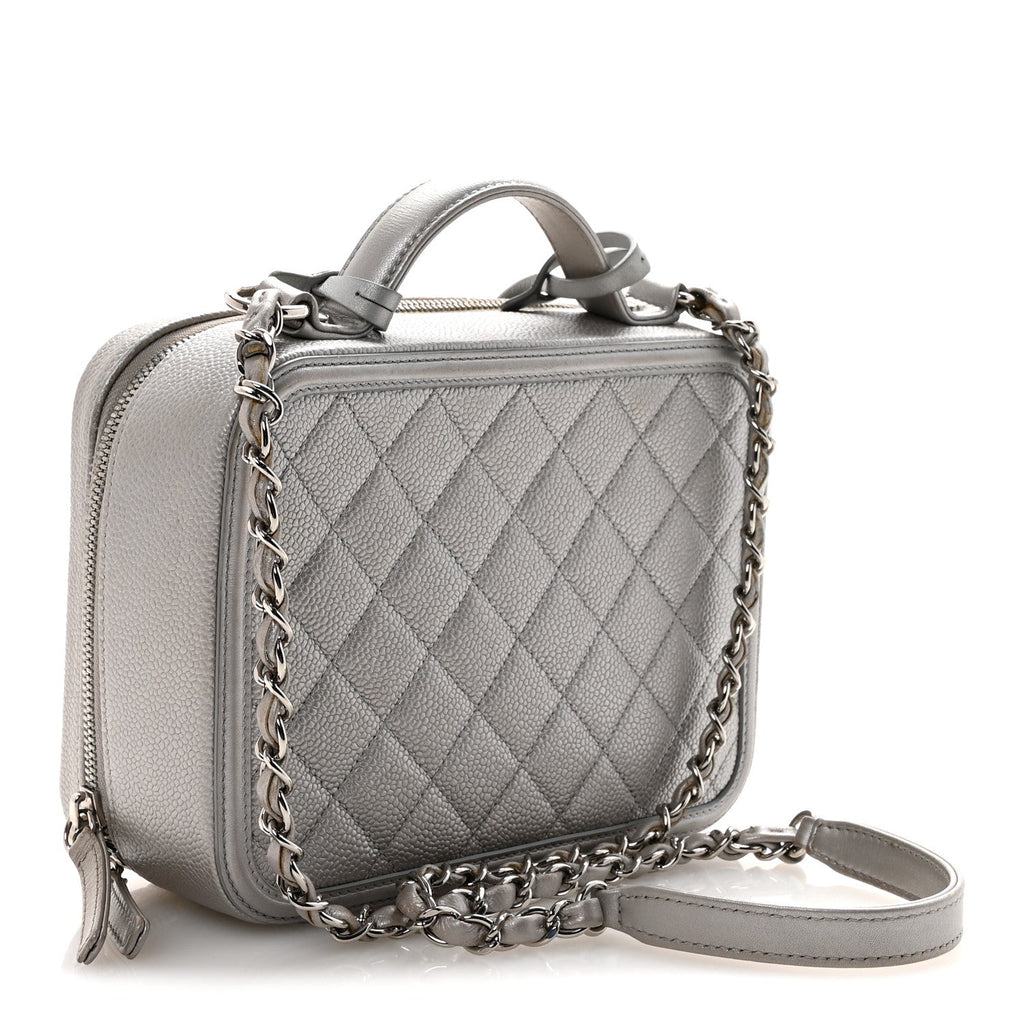 Chanel Metallic Caviar Quilted Medium CC Filigree Vanity Case Silver