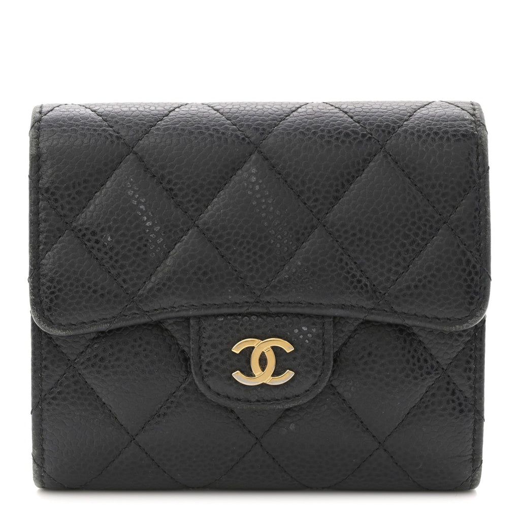 Caviar Quilted Tri-Fold Flap Wallet Black