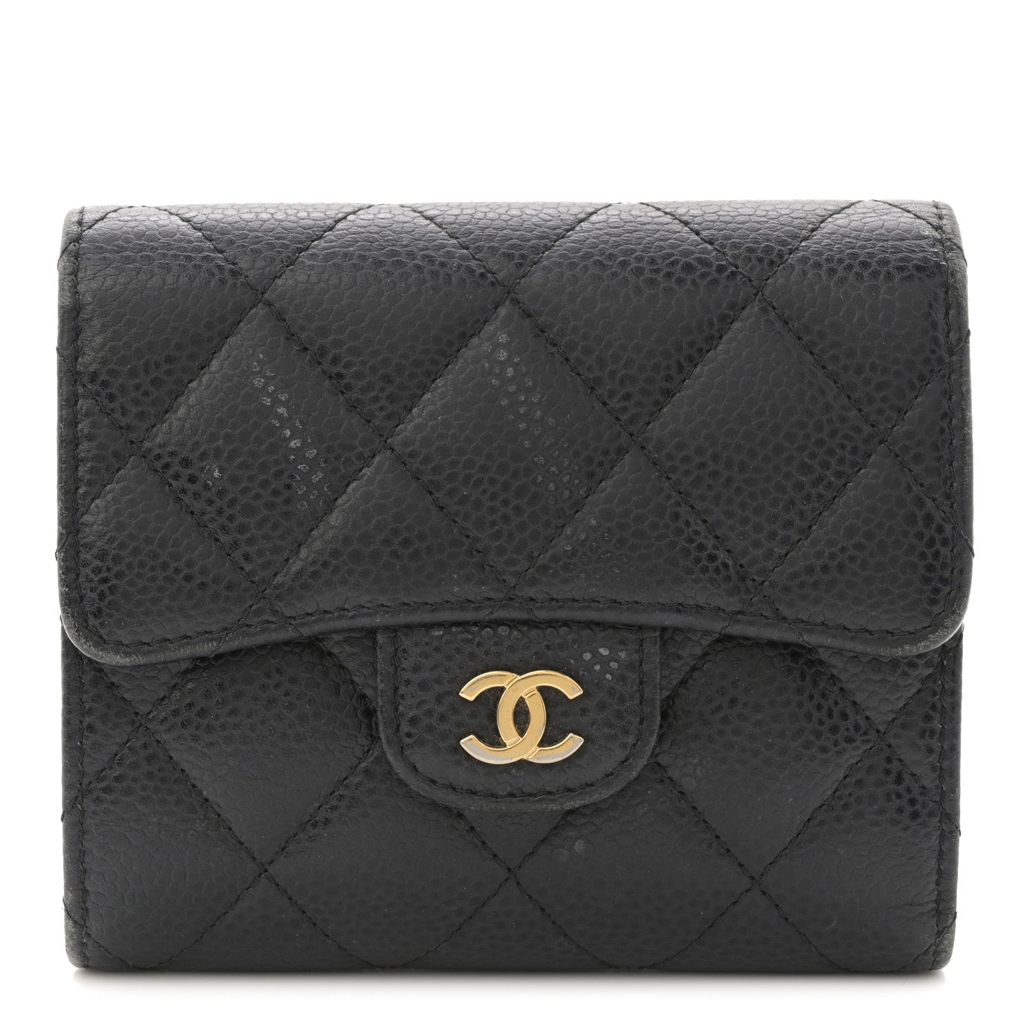 Caviar Quilted Tri-Fold Flap Wallet Black