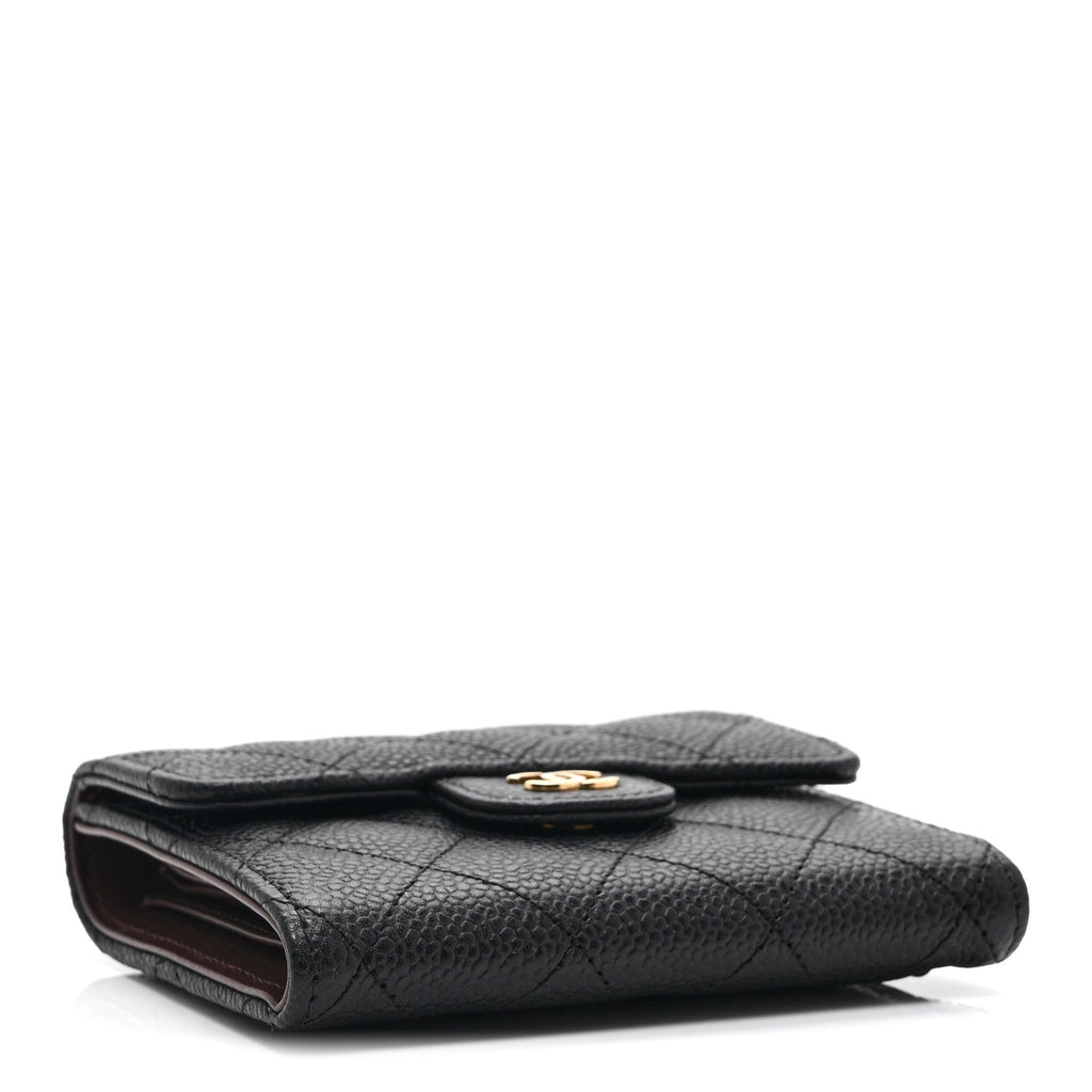 Caviar Quilted Compact Flap Wallet Black