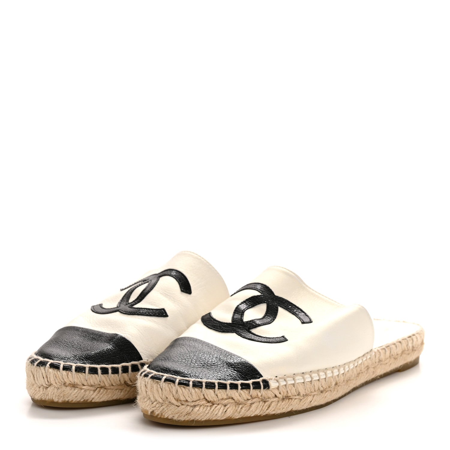 Iridescent Goatskin CC Espadrille Mules 39 Ivory Black
