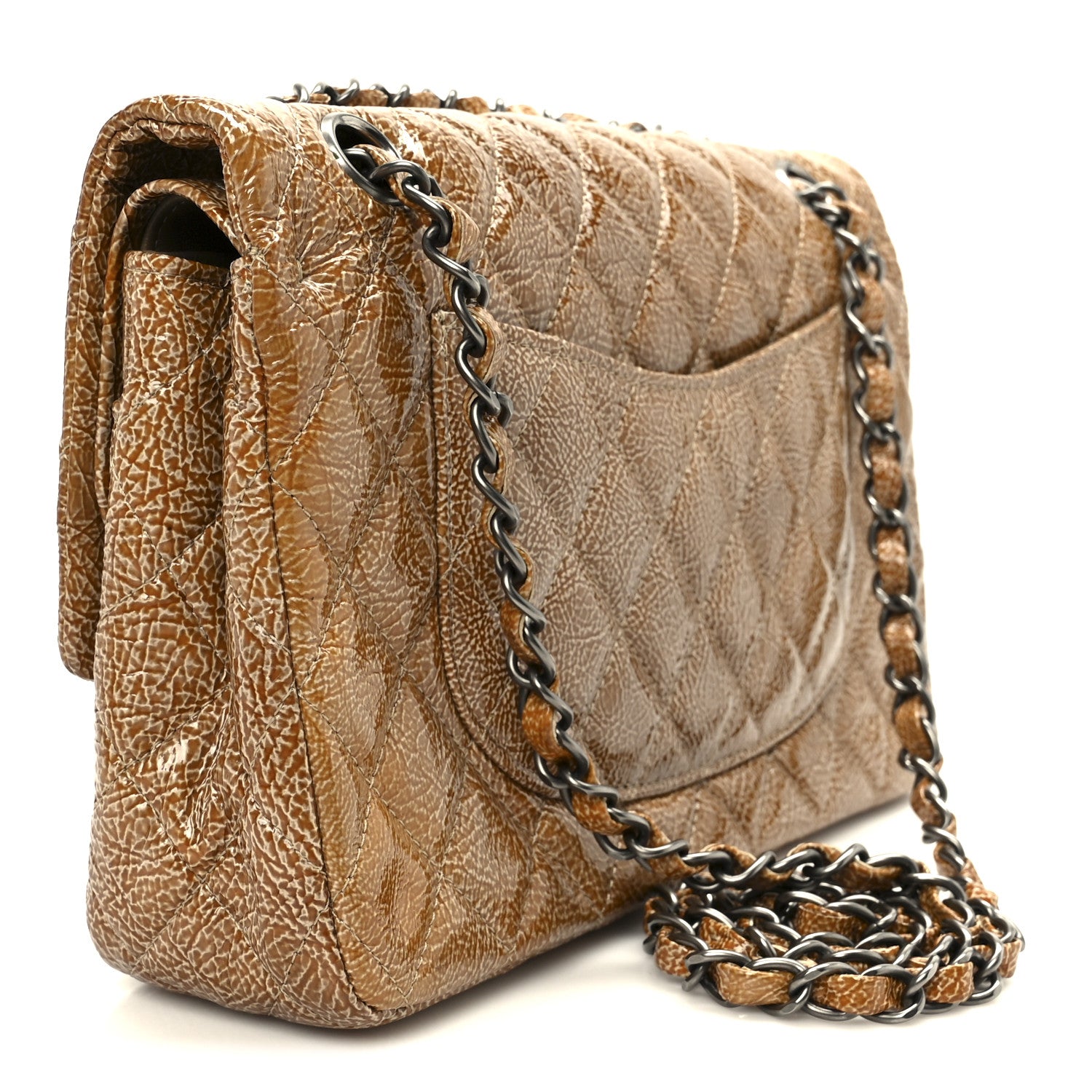 Chanel Crinkled Patent Quilted Medium Double Flap Beige