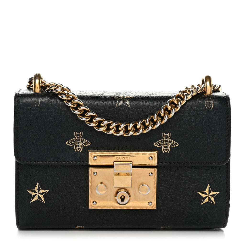Gucci Grained Calfskin Bee Star Small Padlock Shoulder Bag Black