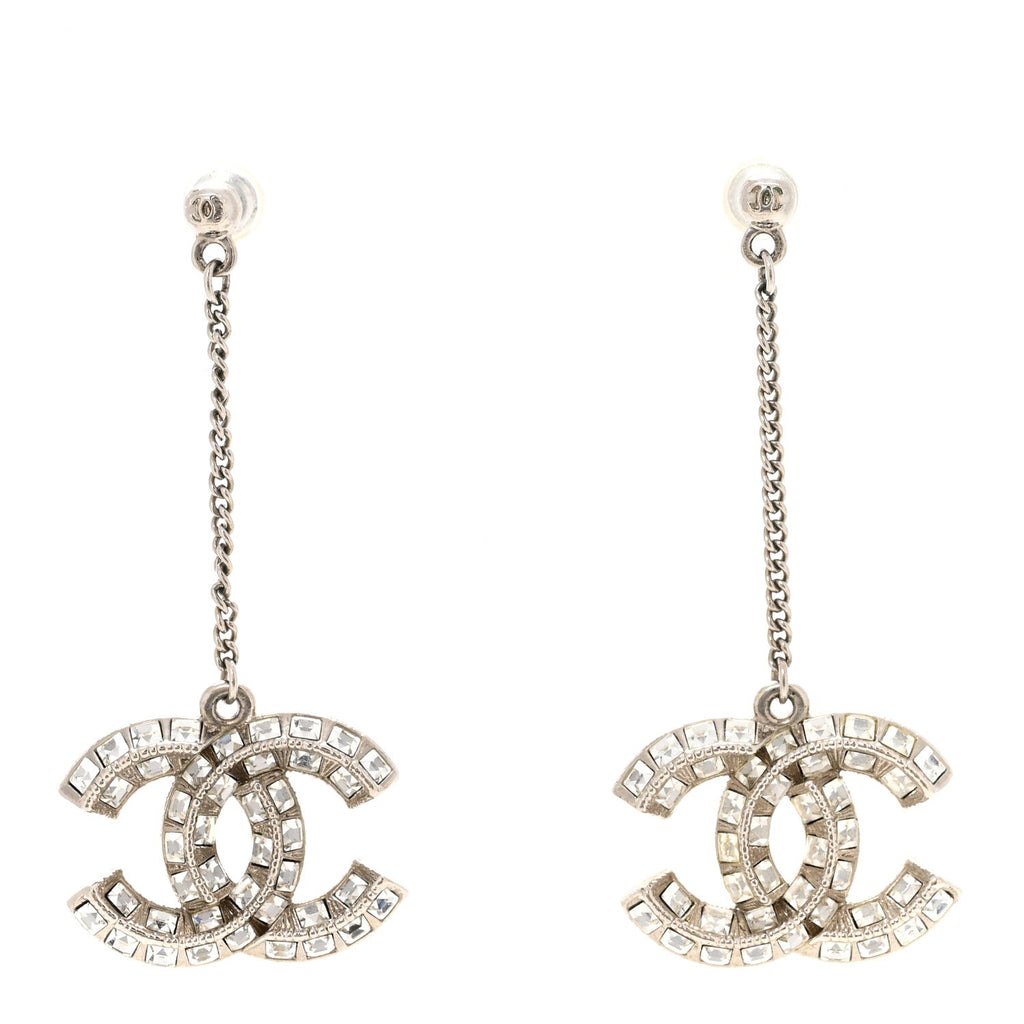 Baguette Crystal CC Drop Earrings Silver