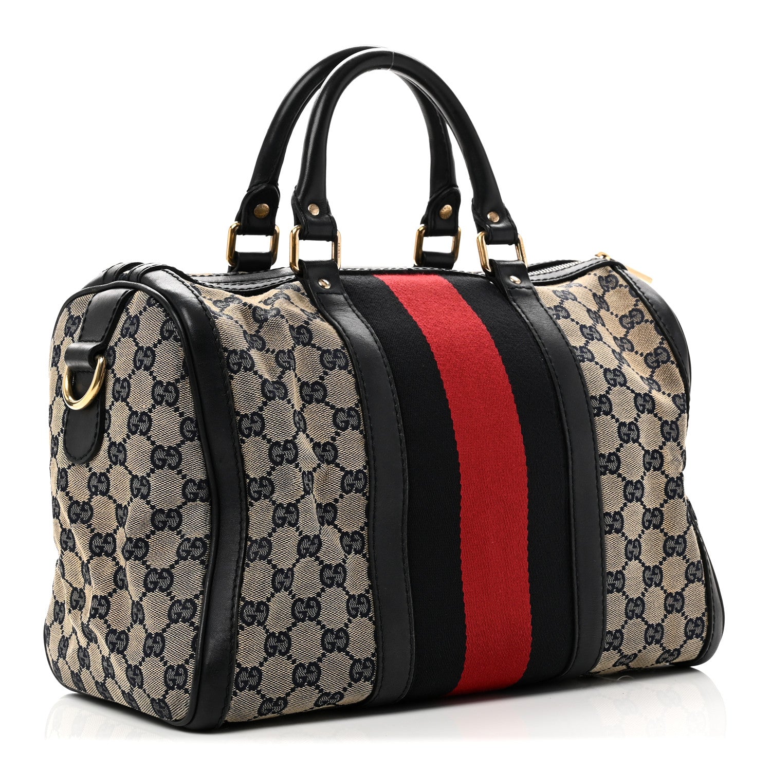 Gucci Monogram Selleria Calfskin Vintage Web Medium Boston Beige Blue