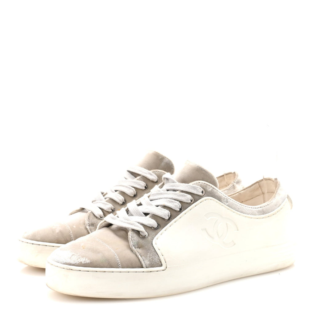 Calfskin Velvet Womens CC Sneakers 39.5 White Silver