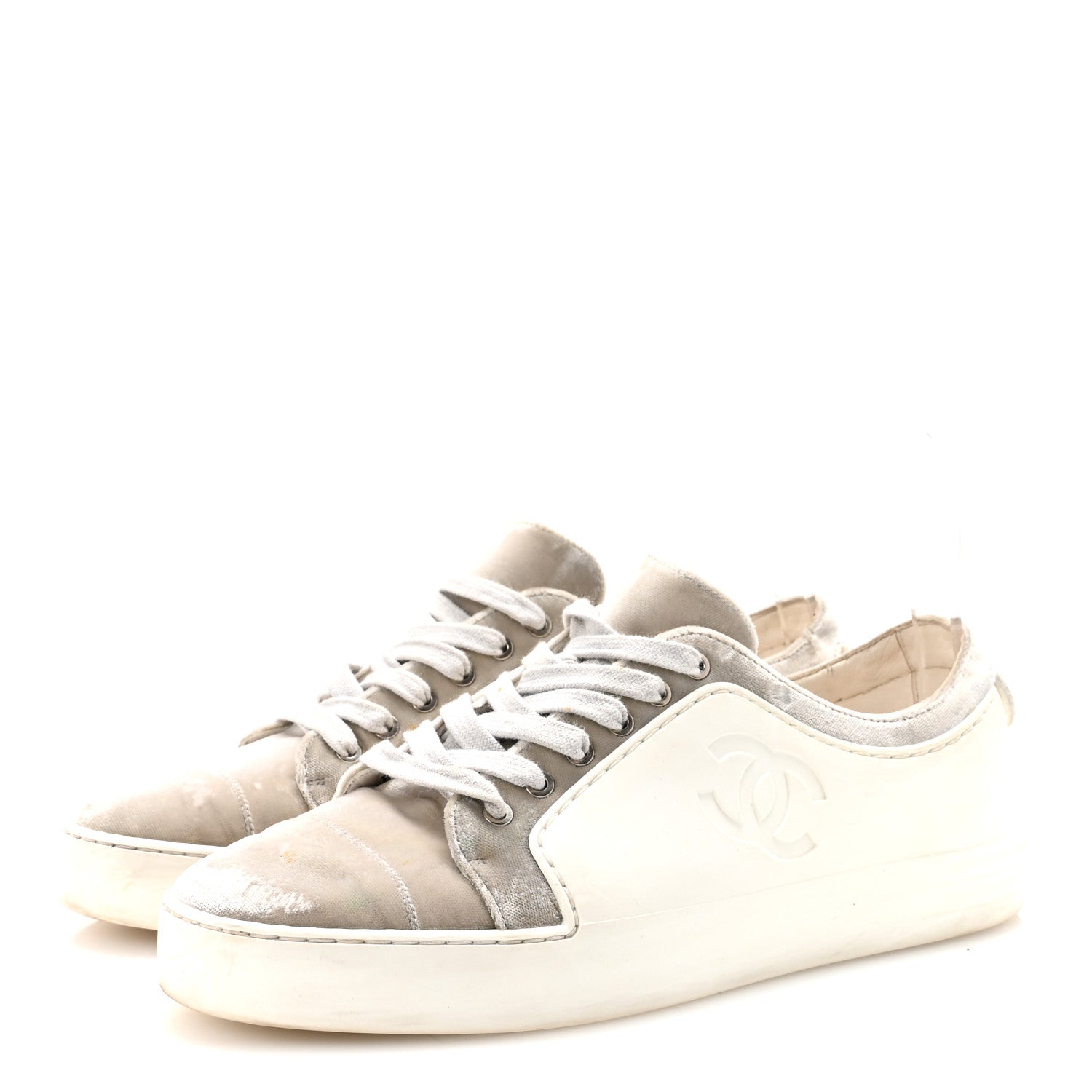 Calfskin Velvet Womens CC Sneakers 39.5 White Silver