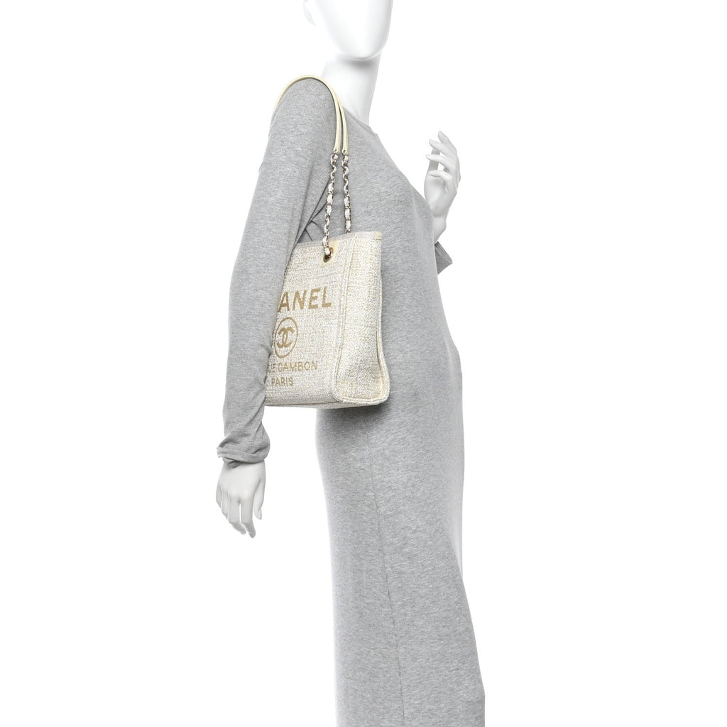 Chanel Lurex Boucle Mini Deauville Tote White