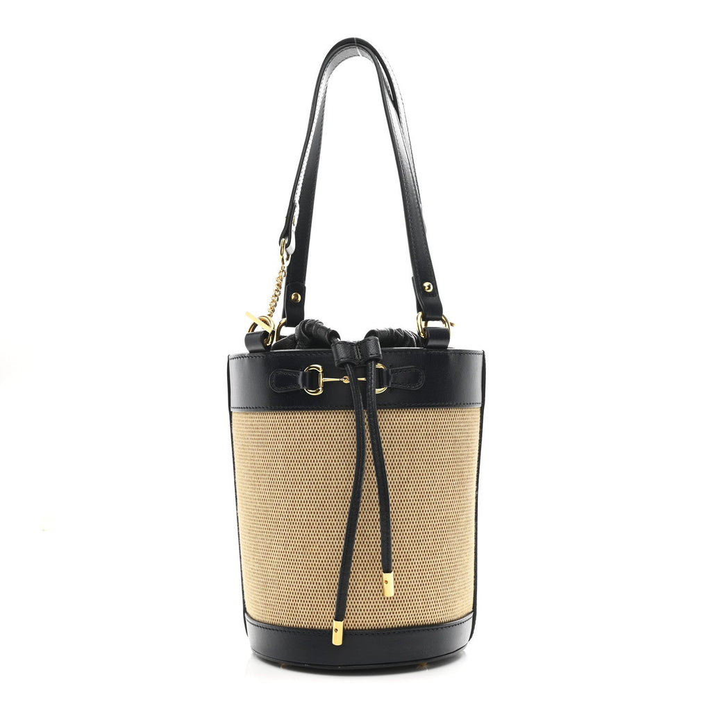 Gucci Canvas Calfskin Small Horsebit 1955 Drawstring Bucket Bag Natural Black