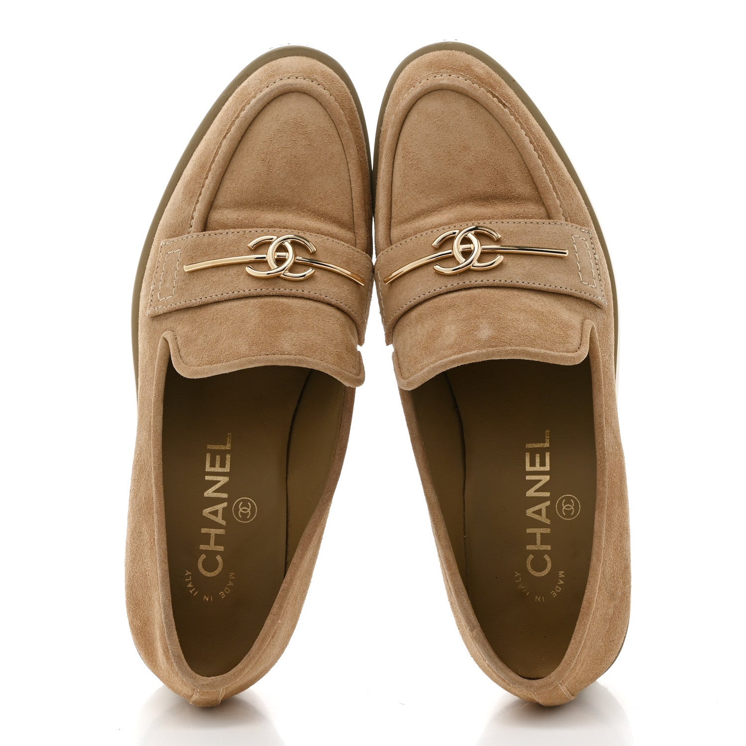 Chanel Suede Metal CC Mocassin Loafers 37 Beige