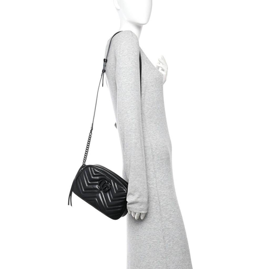 Gucci Calfskin Matelasse Monochrome Small GG Marmont Chain Shoulder Bag Black