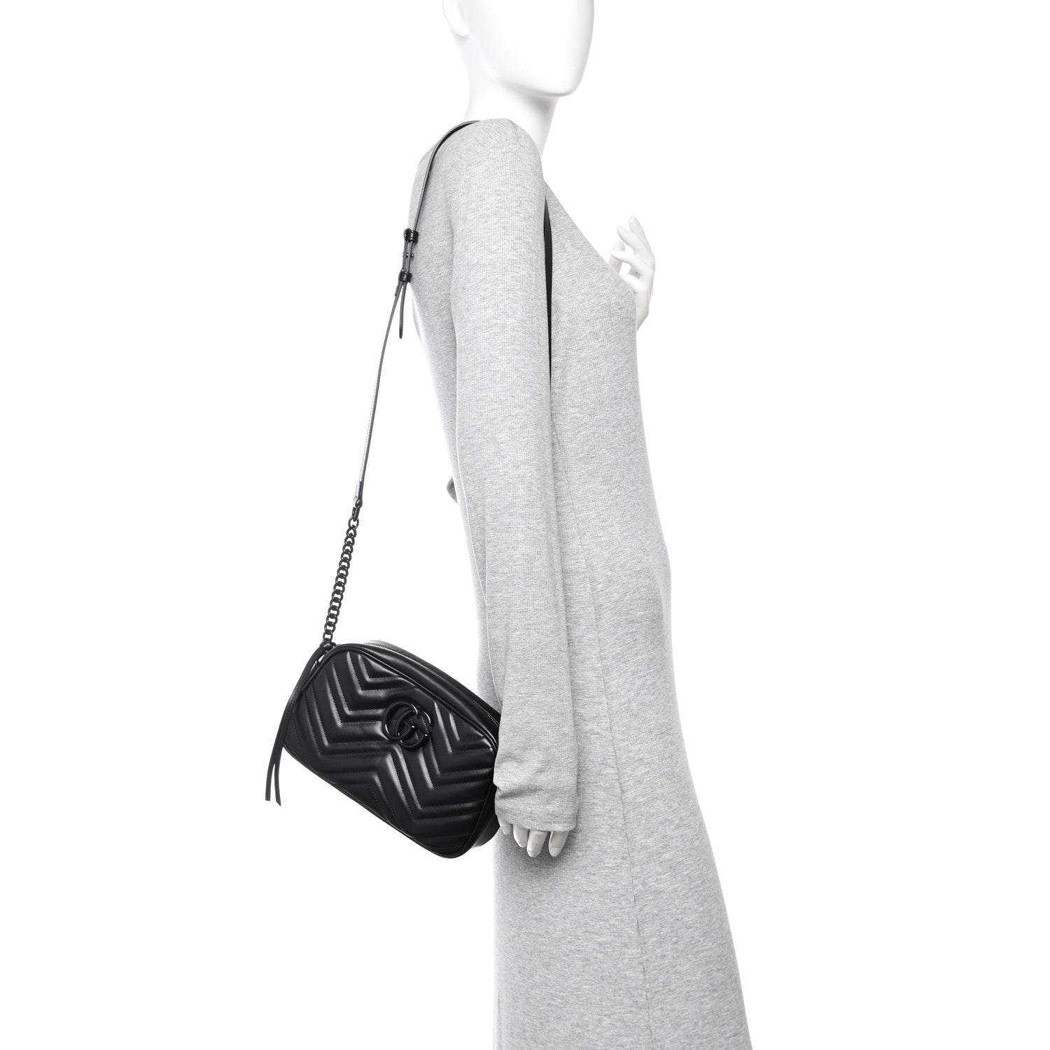 Gucci Calfskin Matelasse Monochrome Small GG Marmont Chain Shoulder Bag Black