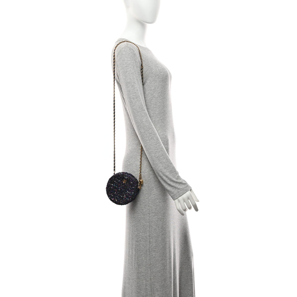 Chanel Tweed Quilted Round Clutch With Chain Multicolor