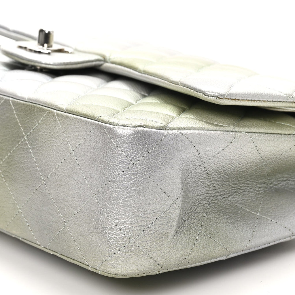 Chanel Metallic Goatskin Quilted Ombre Medium Double Flap Grey Green