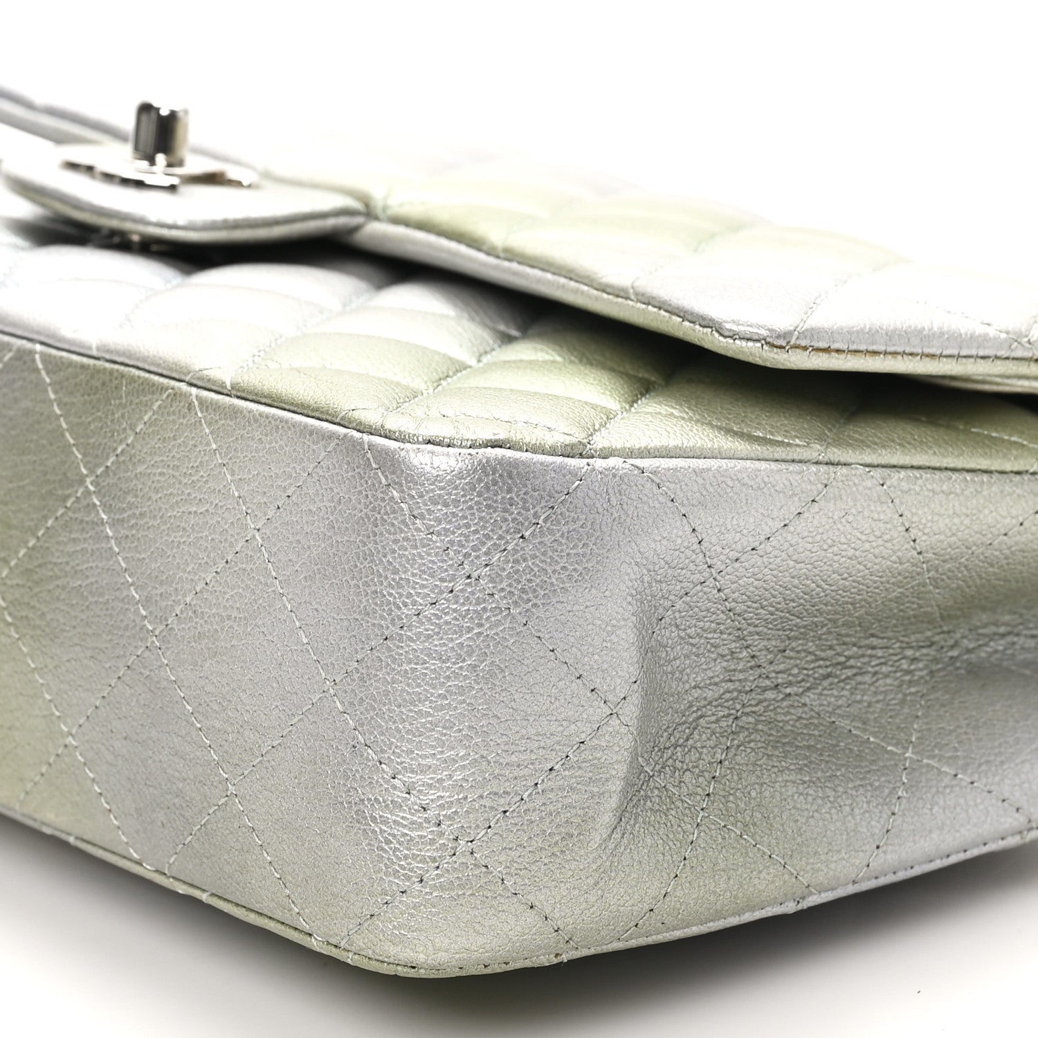 Chanel Metallic Goatskin Quilted Ombre Medium Double Flap Grey Green