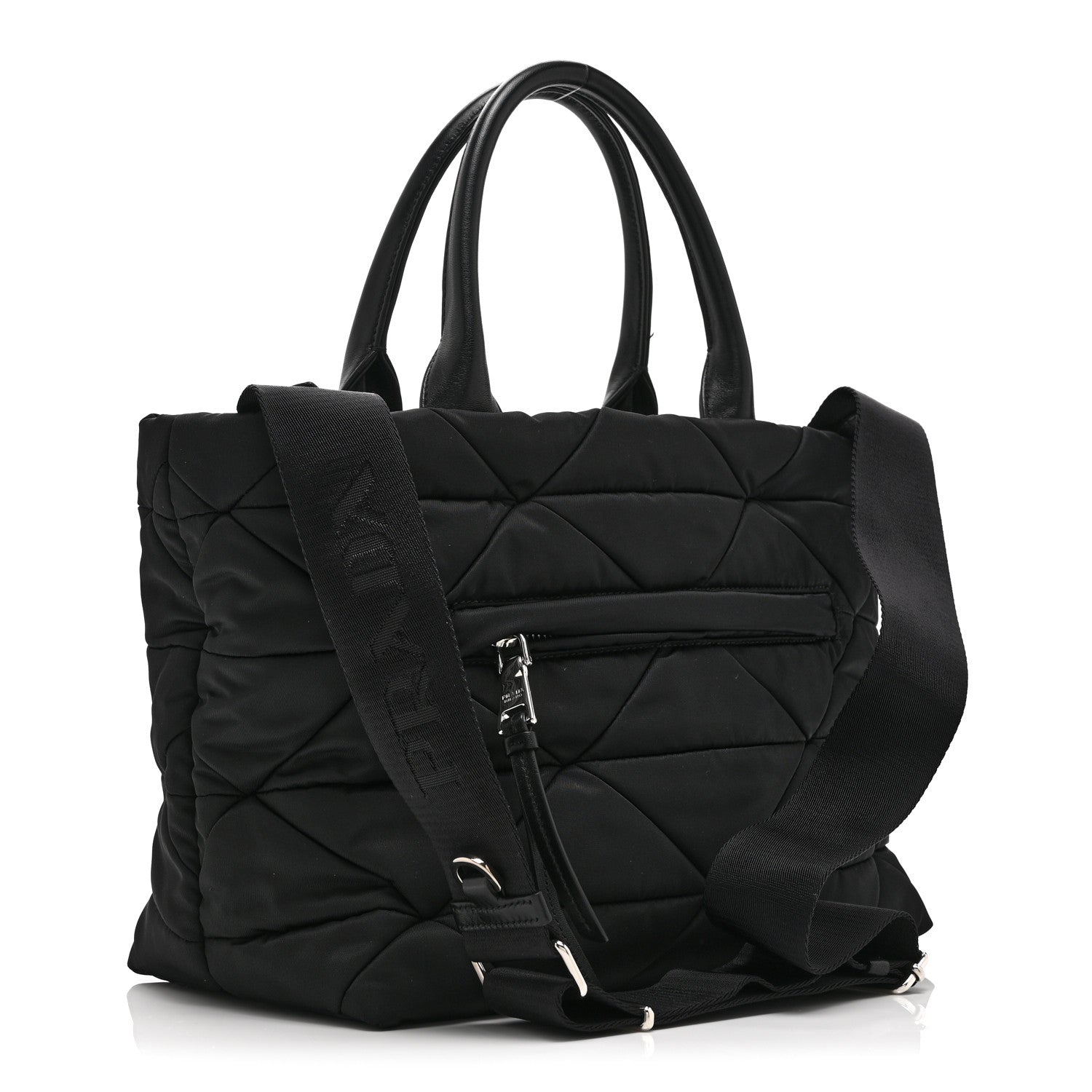 Prada Re-Nylon Nappa Triangle Quilted Padded Small Double Handled Zip Tote Black