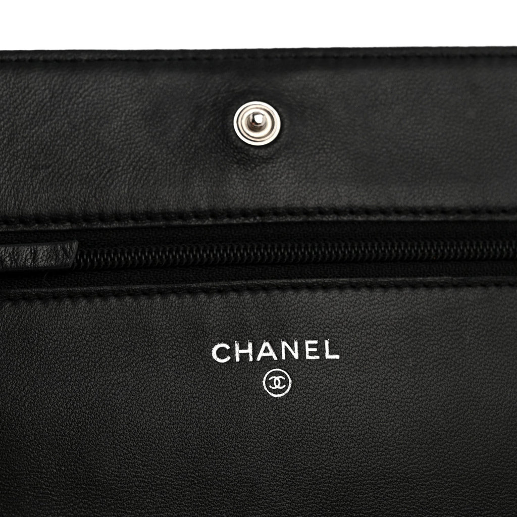 Chanel Lambskin Camellia Embossed Wallet On Chain WOC Black