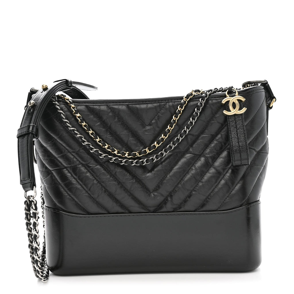 Chanel Aged Calfskin Chevron Quilted Medium Gabrielle Hobo Black
