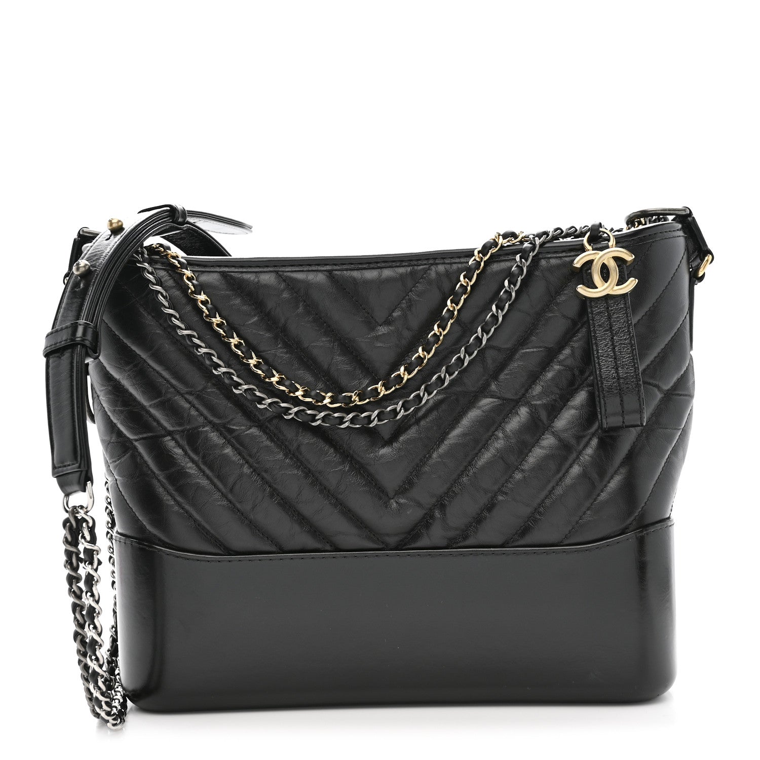 Chanel Aged Calfskin Chevron Quilted Medium Gabrielle Hobo Black