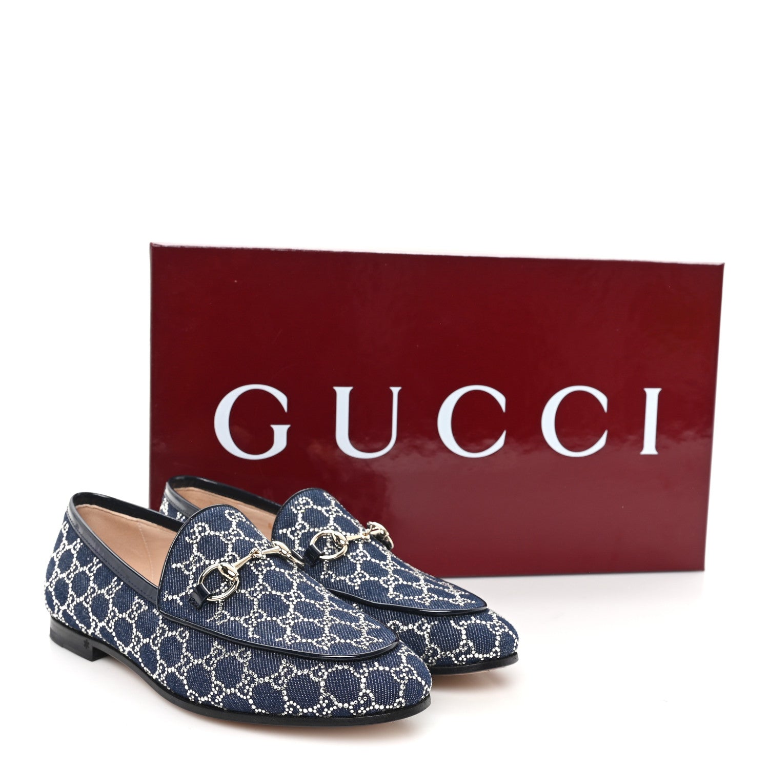 Gucci New Denim Crystal GG Monogram Womens 1953 Horsebit Jordaan Loafer 36 Blue