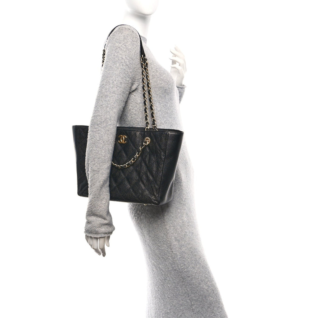 Chanel Caviar Quilted Small Trapezoid Chain Shopping Tote Black