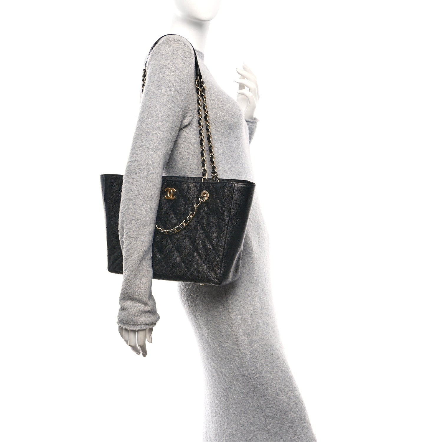 Chanel Caviar Quilted Small Trapezoid Chain Shopping Tote Black
