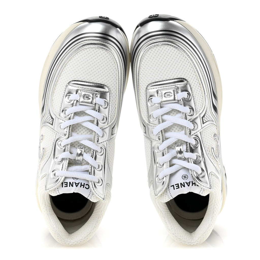 Fabric Laminated Calfskin Stretch CC Sneakers 39.5 White Silver