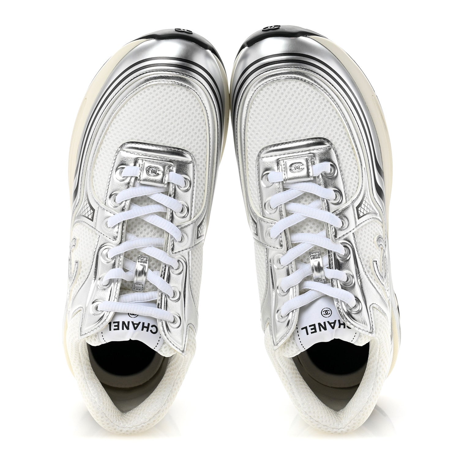Fabric Laminated Calfskin Stretch CC Sneakers 39.5 White Silver