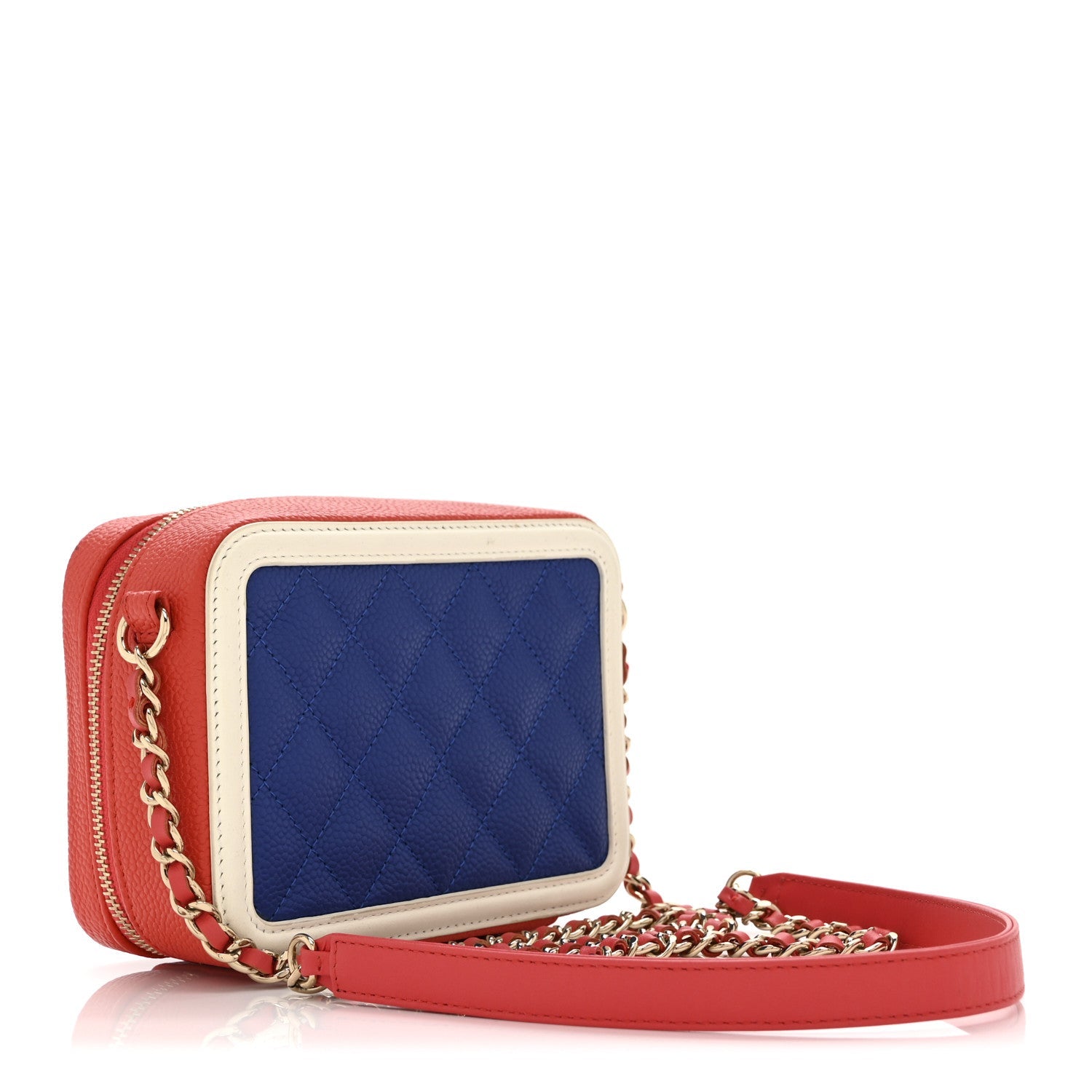 Chanel Caviar Quilted Filigree Vanity Clutch With Chain Blue White Red
