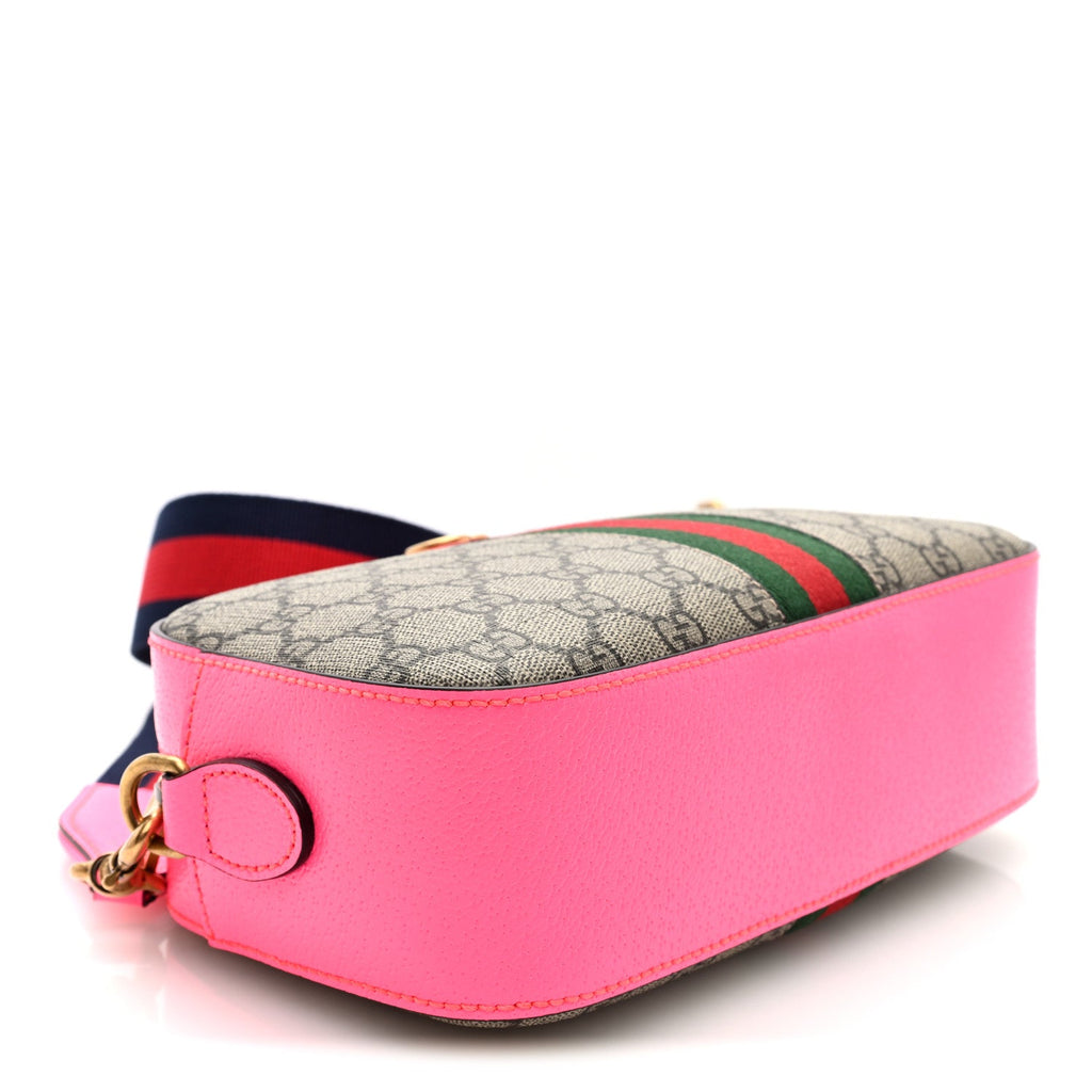 Gucci GG Supreme Monogram Textured Dollar Calfskin Web Ophidia Small Crossbody Bag Beige Ebony Fuchsia