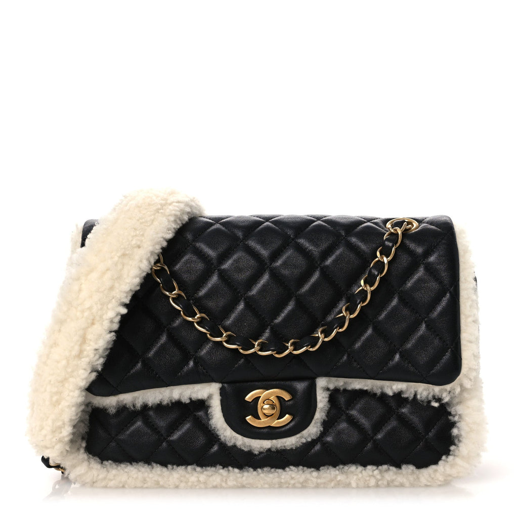 Chanel Lambskin Shearling Large CC Flap Bag Black White