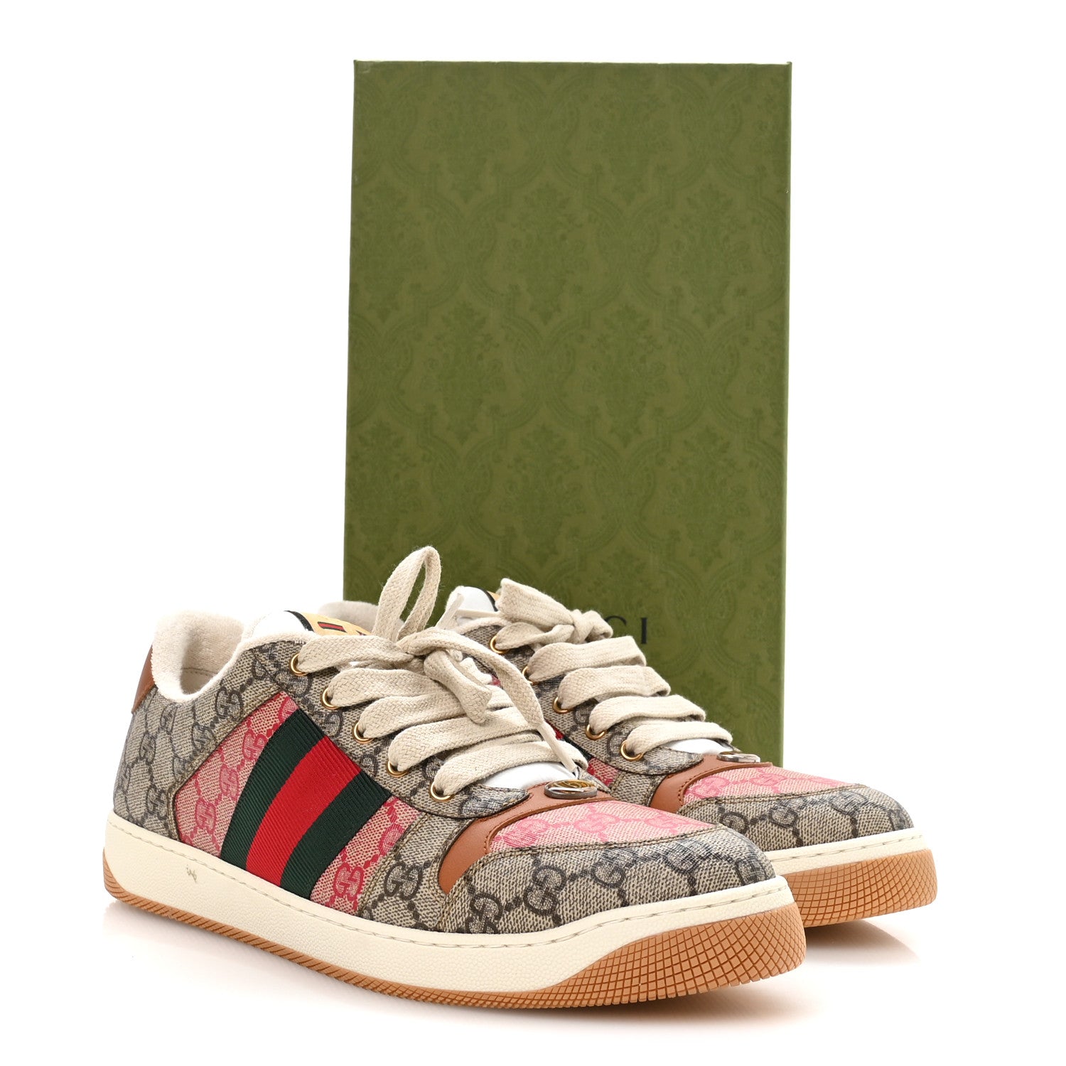 Gucci GG Supreme Monogram Harness Calfskin Web Mens Screener Sneakers 10.5 Beige Ebony Rosso Harness Brown